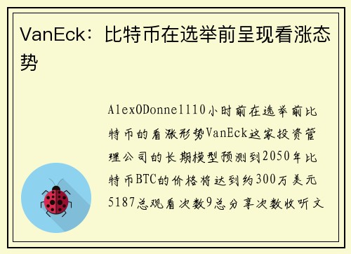 VanEck：比特币在选举前呈现看涨态势